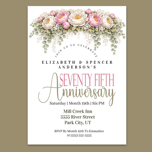 Rosa och vit peon 75-års bröllopsjubileum inbjudningar (Elegant pink and ivory peony floral 75th wedding anniversary invitation)