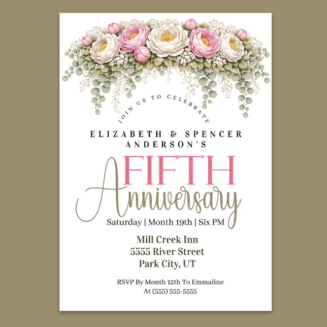 Rosa och Vit Pion 5-års bröllopsdag Inbjudningar (Pink and ivory peony floral 5th wedding anniversary party invitation)