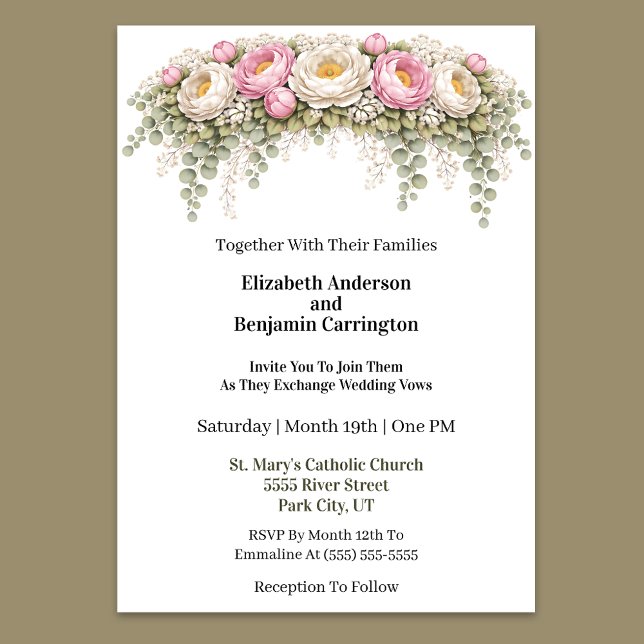 Rosa och vit pionybröllop inbjudningar (Elegant pink and ivory peony floral wedding invitation)
