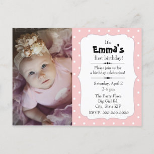 Rosa och vit polka Dot Little Girl Birthday Vykort
