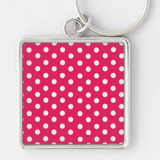Rosa och vit Polka dots Fyrkantig Silverfärgad Nyckelring (Framsidan)