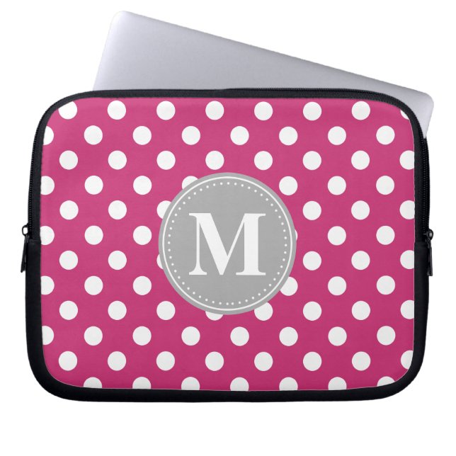 Rosa och vit Polka dots Grått Monogram Laptop Sleeve (Framsidan)