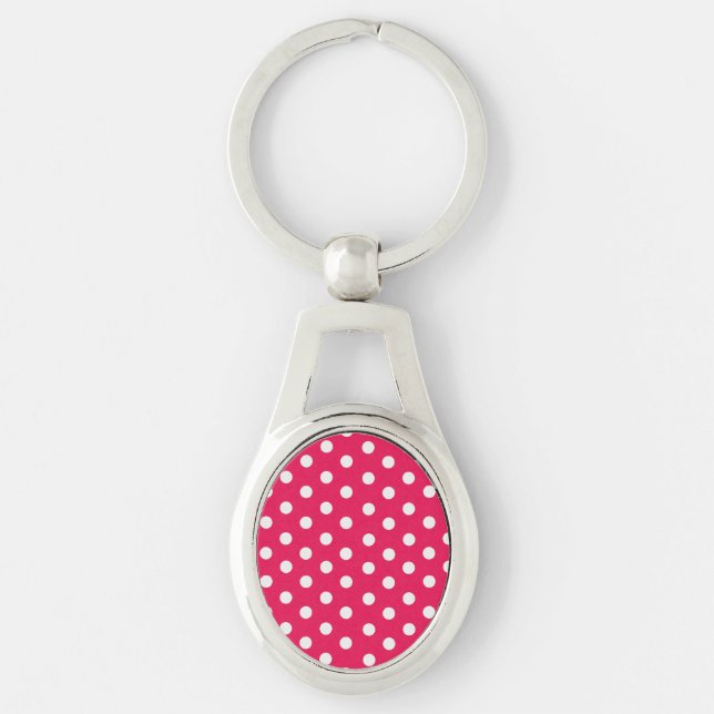 Rosa och vit Polka dots Ovalt Silverfärgad Nyckelring (Framsidan)