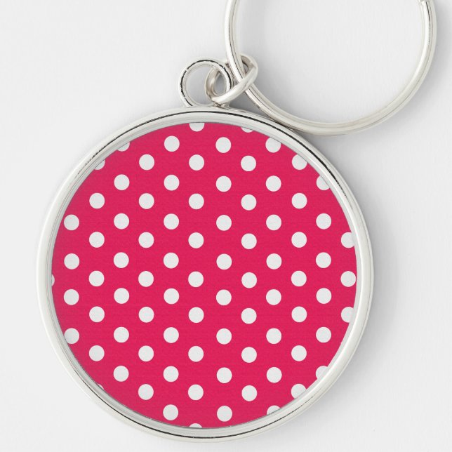 Rosa och vit Polka dots Rund Silverfärgad Nyckelring (Framsidan)