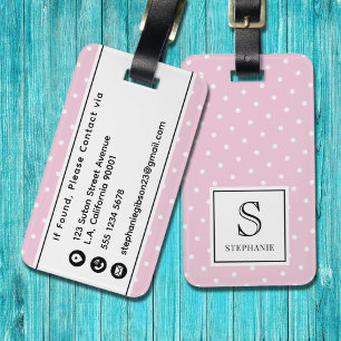 Rosa och vit prickig monogram bagagebricka
