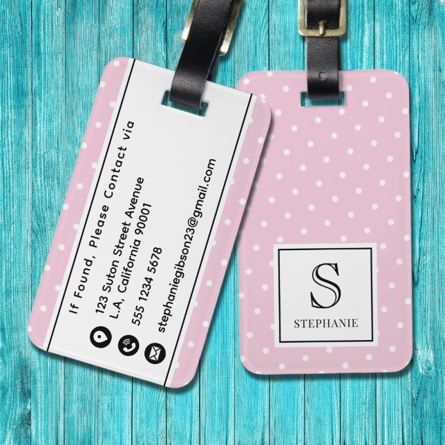 Rosa och vit prickig monogram bagagebricka (Skapare uppladdad)