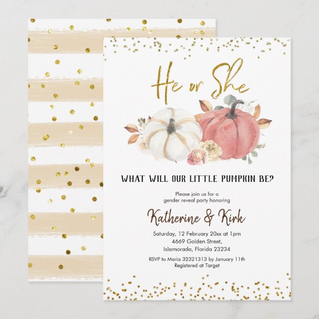Rosa och vit Pumpkin Fall Gender Reveal Party Inbjudningar (Fram/baksida)