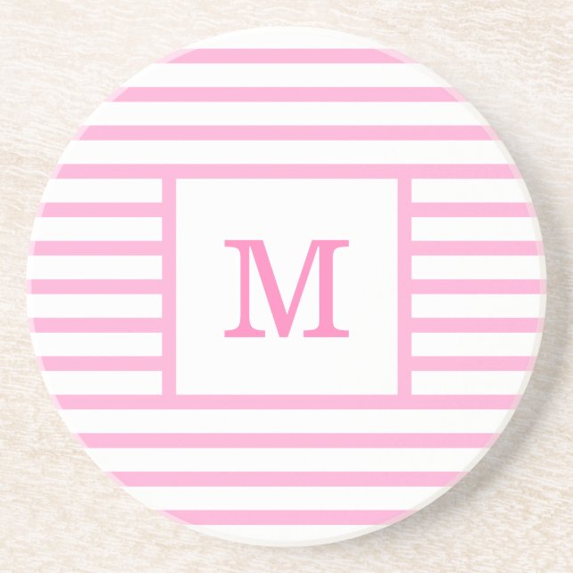 Rosa och vit Rand Anpassningsbar Monogram Sandston Underlägg (Framsidan)