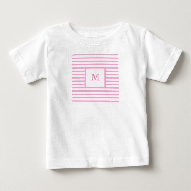 Rosa och vit Rand Anpassningsbar Monogram T Shirt (Framsida)