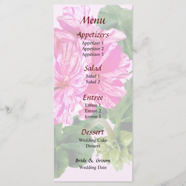 Rosa och vit rand Geraniums Bröllop Menu Meny (Framsida)