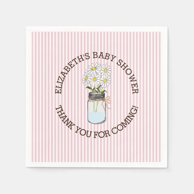 Rosa och vit rand med Mason Burk Baby Shower Pappersservett (Framsidan)