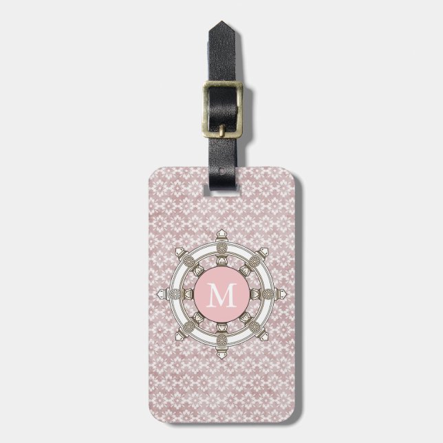 Rosa och vit Rand Monogram Cute Bagagebricka (Vertikal Framsida)
