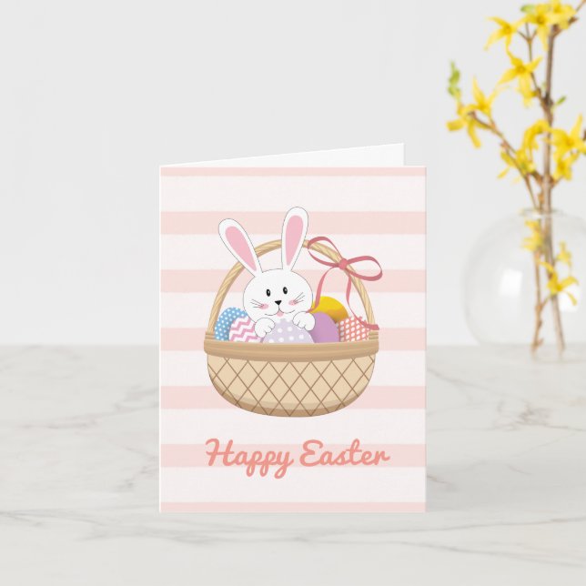 Rosa och vit Rand Påskhare i Basket Kort (Gul blomma)