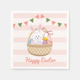 Rosa och vit Rand Påskhare i Basket Pappersservett