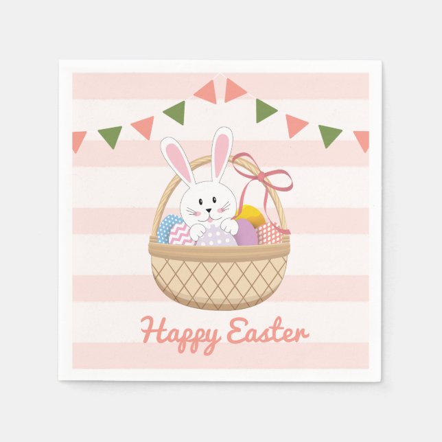 Rosa och vit Rand Påskhare i Basket Pappersservett (Framsidan)
