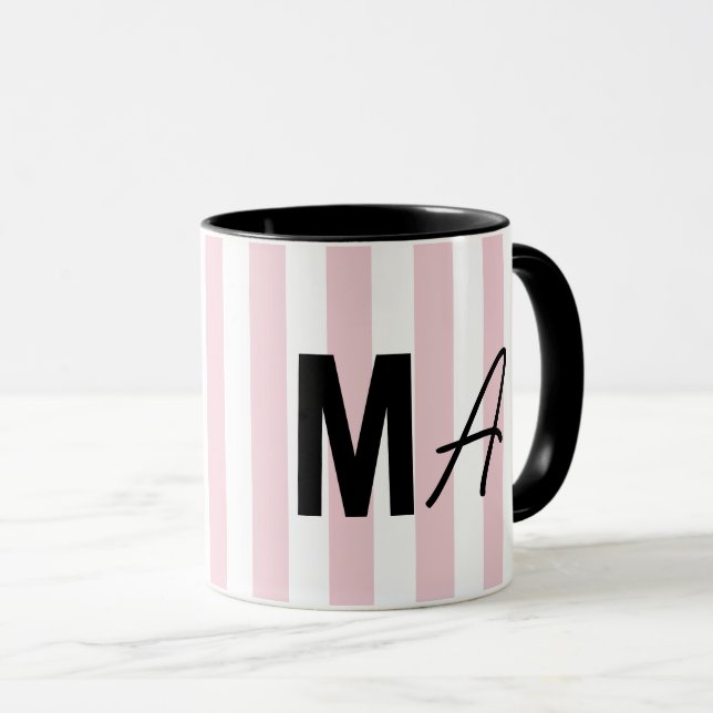 Rosa och vit rand personlig, modernt monogram mugg (Framsida höger)