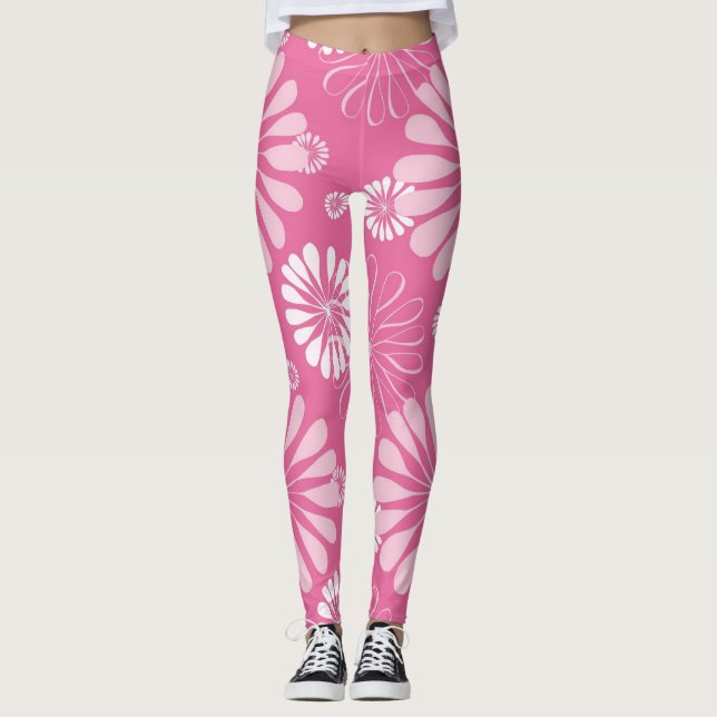 Rosa och vit retro blommönster leggings (Framsida)