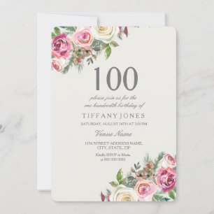 Rosa och Vit ros Blommigt 100:e födelsedag Inbjuda Inbjudningar