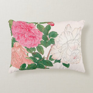 Rosa och Vit ros Blommor med Grönt Löv Prydnadskudde