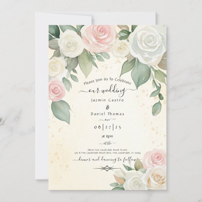Rosa och Vit ros Dusky Blooms Inbjudningar (Framsida)