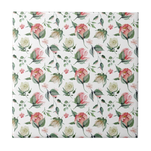 Rosa och Vit ros Sömlös keramik Tile Kakelplatta (Framsidan)