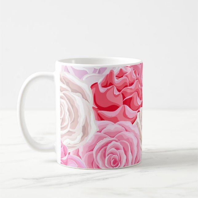 rosa och vit ros sömlös mönster. Blommor Kaffemugg (Vänster)