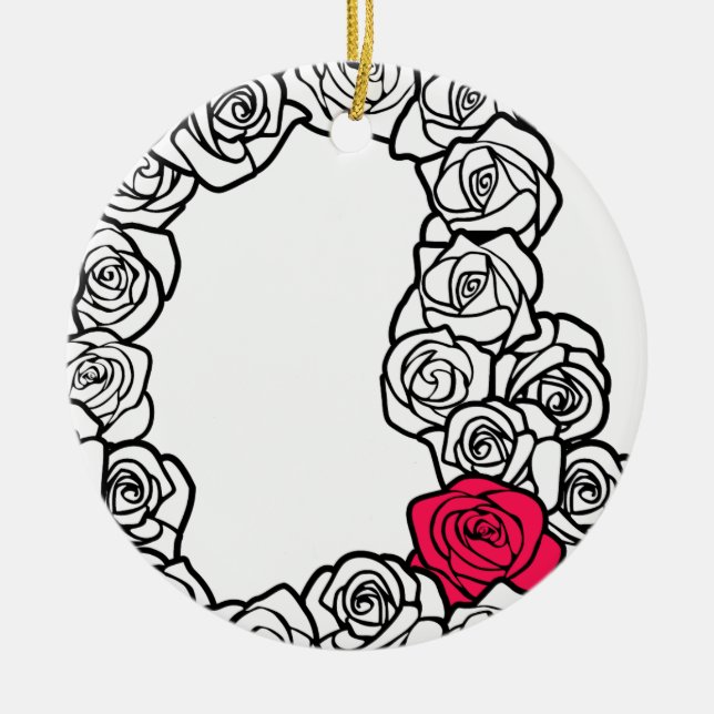 Rosa och vit ros, svart Vintage Julgransprydnad Keramik (Framsidan)