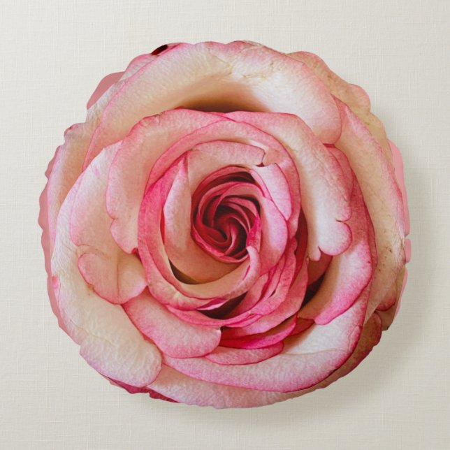 Rosa och vit rosblom dekorativ rund kudde (Framsidan)