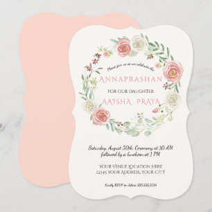 Rosa och vit rosettkrans Annaprashan Babyflicka Inbjudningar