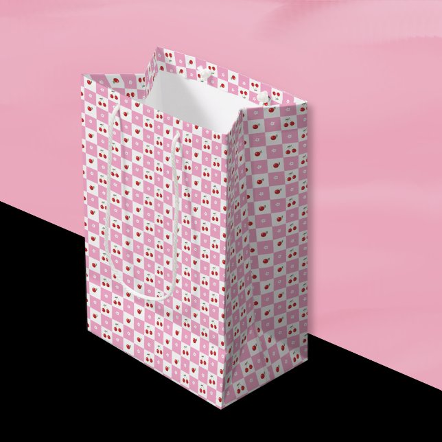Rosa och vit rutig mönster körsbärsgåvpåse (Cute pink and white cherry theme gift bag . )