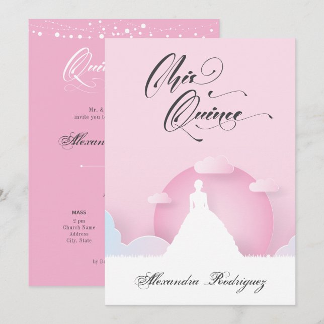Rosa och vit Silhouette med Måne Quinceanera (Fram/baksida)