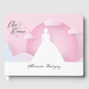 Rosa och vit Silhouette med Måne Quinceanera Gästböcker