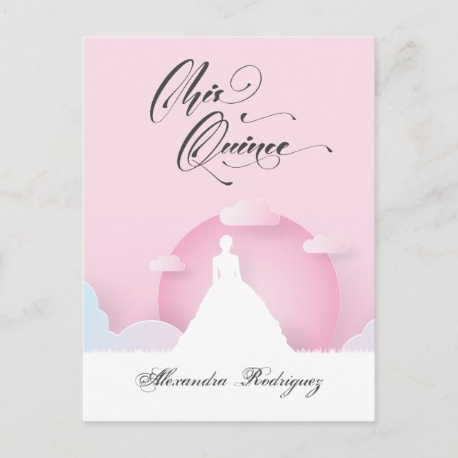 Rosa och vit Silhouette med Måne Quinceanera Inbjudan Vykort (Framsida)