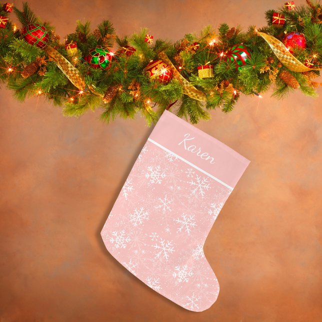 Rosa och vit snöflingor namn-jul stor julstrumpa (Pink and white snowflakes name Christmas Large Christmas Stocking)