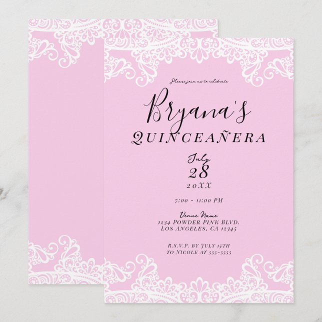 Rosa och vit spets Elegant Quinceañera Inbjudningar (Fram/baksida)
