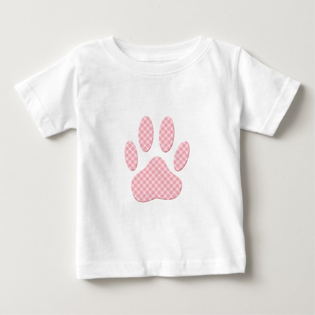 Rosa och vit Tartan Hund Paw Skriv ut T-shirt (Framsida)