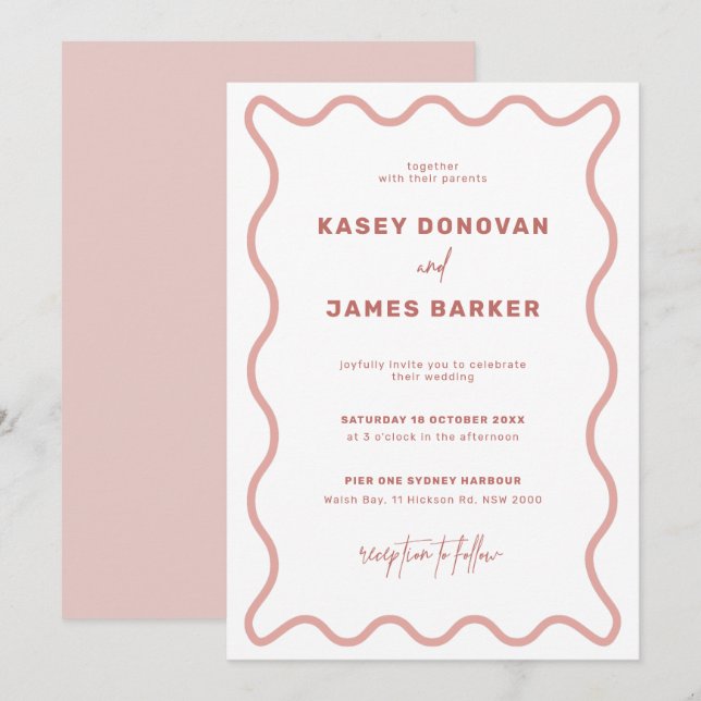 Rosa och vit Vågigt Gräns bröllopsinbjudan Inbjudningar (Fram/baksida)