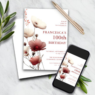 Rosa och vit vallmo 100-årsdag inbjudningar