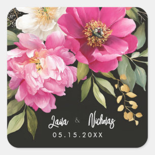 Rosa och vit vattenfärg Peony Blommigt Bröllop Fyrkantigt Klistermärke
