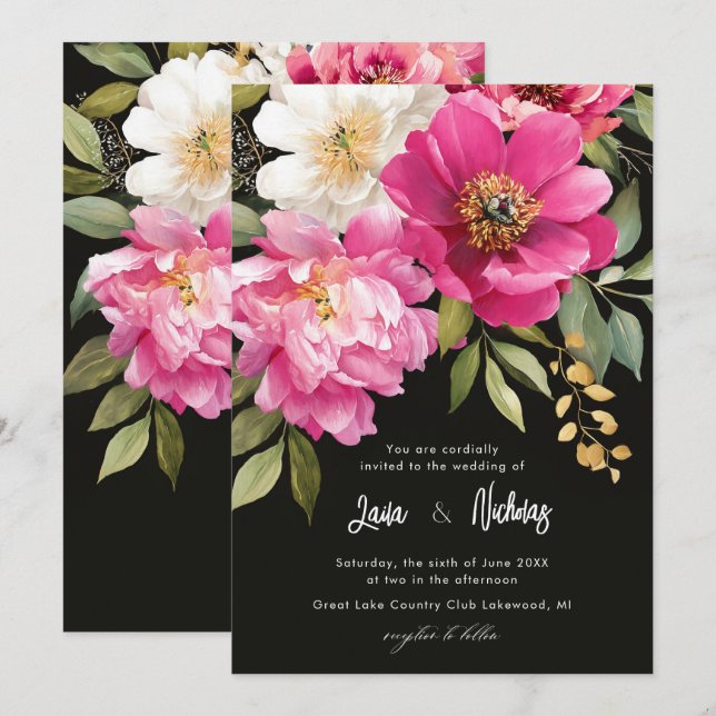 Rosa och vit vattenfärg Peony Blommigt Bröllop Inbjudningar (Fram/baksida)