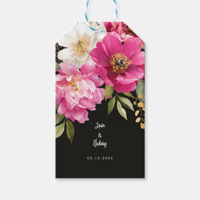 Rosa och vit vattenfärg Peony Blommigt Bröllop Presentetikett (Framsidan)