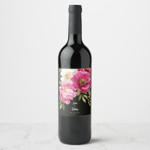 Rosa och vit vattenfärg Peony Blommigt Bröllop Vinflaska Etikett