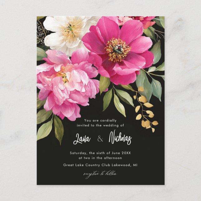 Rosa och vit vattenfärg Peony Blommigt Bröllop Vykort (Framsida)