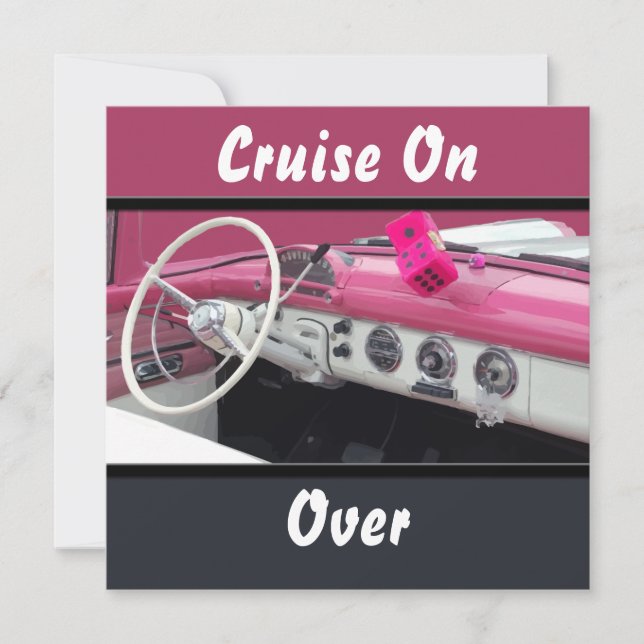 Rosa och vit Vintage bil-födelsedagsutslag Inbjudningar (Framsida)