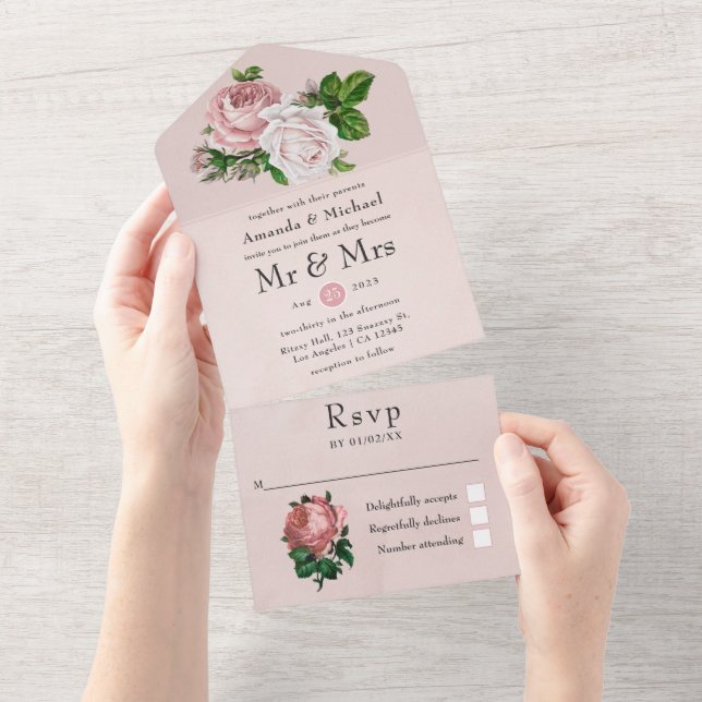 Rosa och vit vintage blombröllop (Avrivbar del)