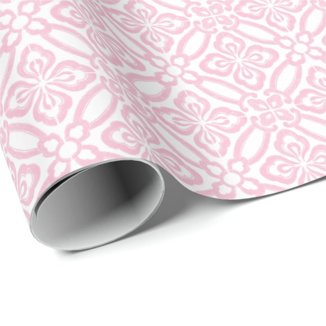 Rosa och vit Vintage, italienska Tile Mönster Presentpapper (Rullad Hörn)