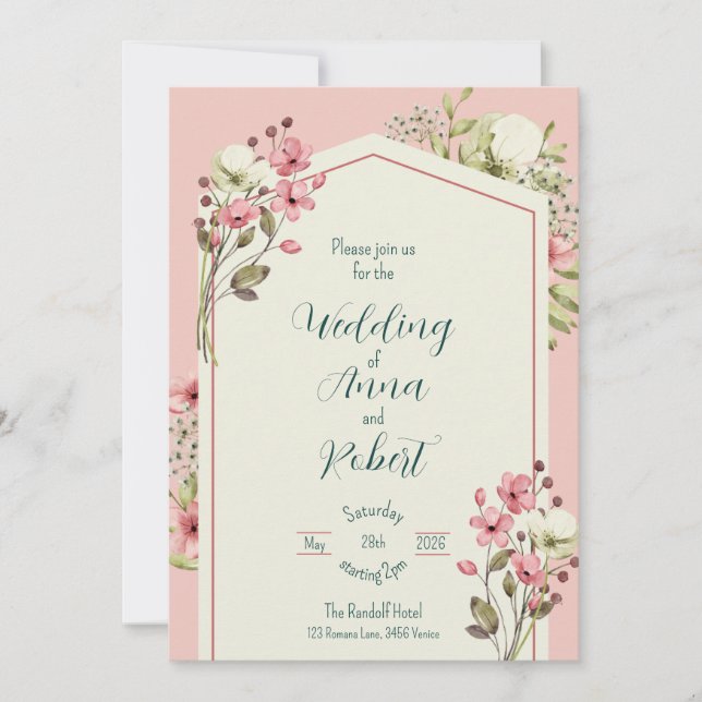 Rosa och vit Wildblommor Geometric Bröllop Inbjudningar (Framsida)