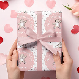 Rosa och vita Babys Nalle 1:a Valentines day Presentpapper