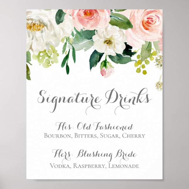 Rosa och Vita Blommiga Signaturdrycker Skylt (Framsidan)