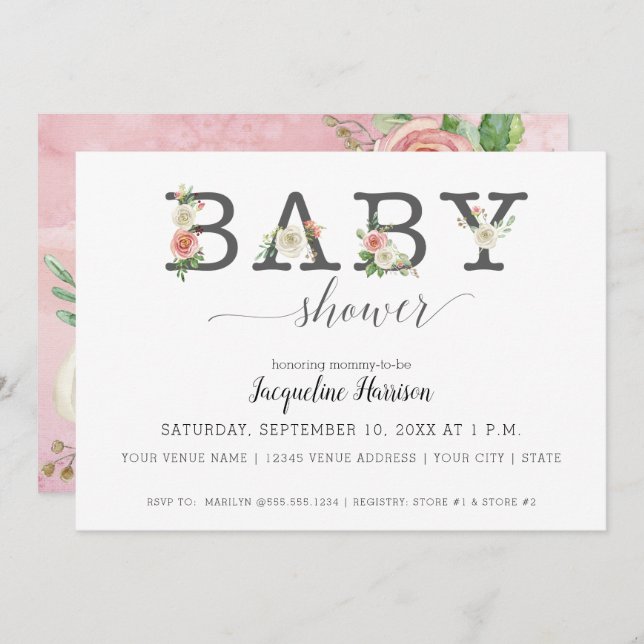  Rosa och vita Blommigtar | Baby Shower Inbjudningar (Fram/baksida)